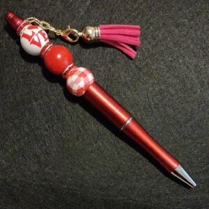 Handcrafted Red Beaded Pen with Pink Tassel